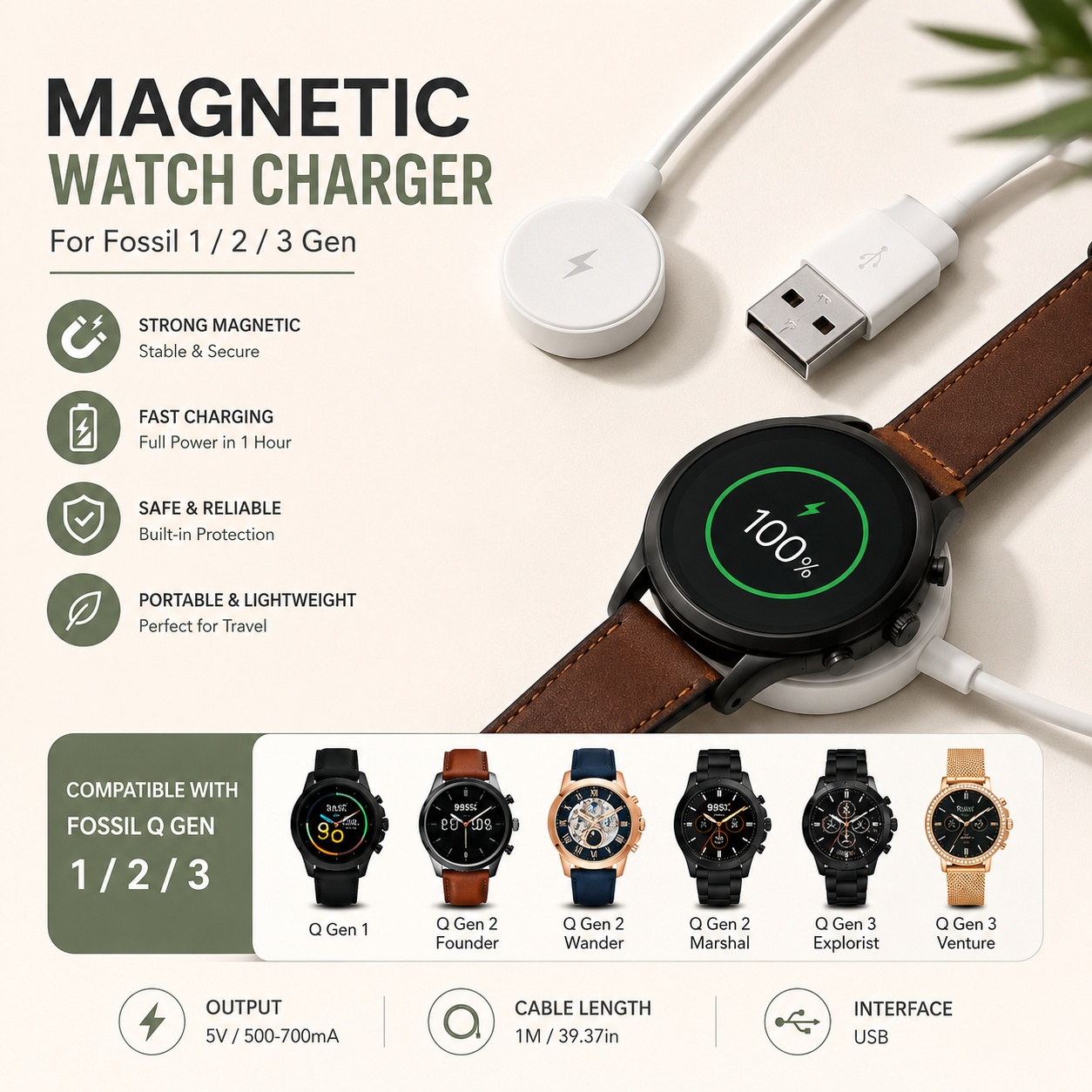 Fossil Smartwatch Accessories - Adaptateur de chargeur de montre USB,